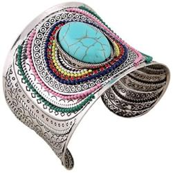 YAZILIND Women Bohemian Vintage Silver Turquoise Beaded Engrave Wide Grooved Open Cuff Bangle Retro Ethnic Bracelet Blue