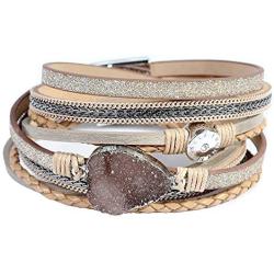 Leather Wrap Bracelet for Women - Handmade Clasp Bangle Bracelet with Pearl Beads Crystal Wristbands Jewelry Gift for Sisters, Teen Girls and Mother