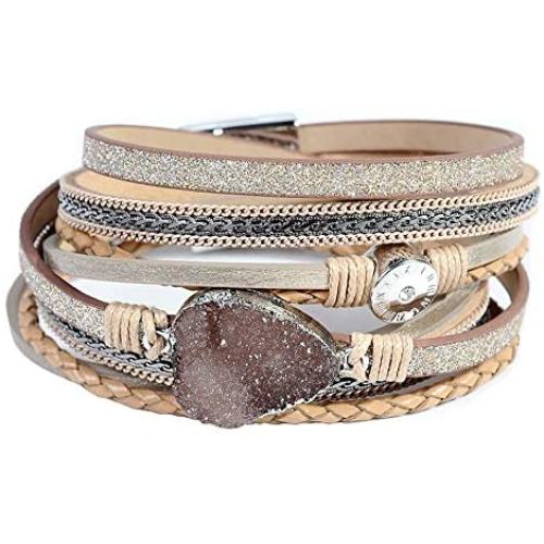 Leather Wrap Bracelet for Women - Handmade Clasp Bangle Bracelet with Pearl Beads Crystal Wristbands Jewelry Gift for Sisters, Teen Girls and Mother