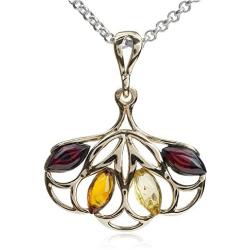 Multicolor Amber Sterling Silver Marquise Pendant Necklace Chain 18''