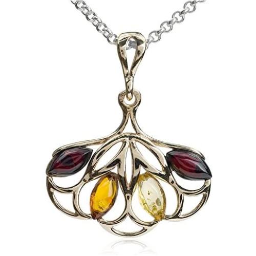 Multicolor Amber Sterling Silver Marquise Pendant Necklace Chain 18''