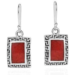 Reconstructed Red Coral Greek Key Frame .925 Sterling Silver Dangle Earrings