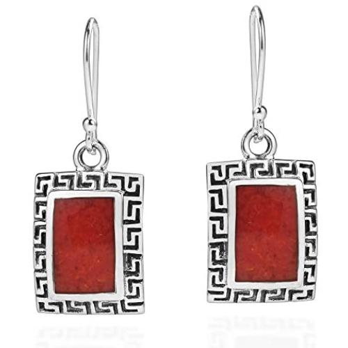 Reconstructed Red Coral Greek Key Frame .925 Sterling Silver Dangle Earrings