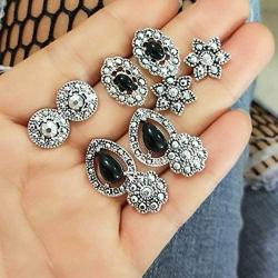 Haloty 5 Pairs Bohemian Black Crystal Earrings Set Saprkling Teardrop Flower Fashion Rhinestone Ear Jewelry for Women and Girls