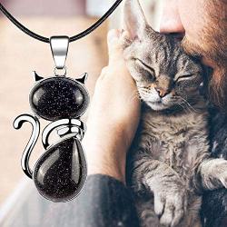 ASTRYAS Natural Chakra Stone Healing Crystals Round Gemstone Pendant Necklace Silver Cat Jewelry for Womens Girls(18 Inches Stainless Steel Chain)