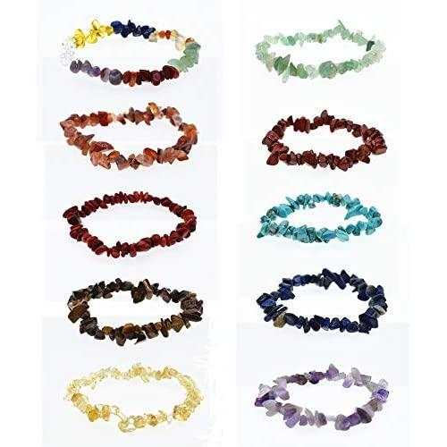 6-10 Pcs Natural Gemstone Chakra Crystal Bracelet Set Healing Chip Gemstone Stretch Bracelets Colorful Tumble Polished Align Chakras Stone Bead Bracelet for Women Girls Jewelry