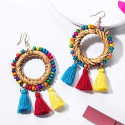 Handmade Beaded Tassel Statement Earrings Bohemian Fringe Lightweight Party Dangle Drop Earrings Boho Rattan Earrings For Women Girls