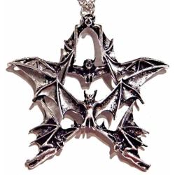 Gothic Silvertone Flock of Bats Pentagram Pendant on Chain Necklace Halloween Punk Vampire