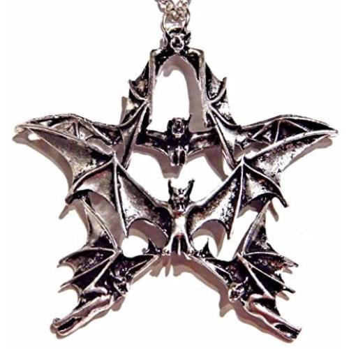 Gothic Silvertone Flock of Bats Pentagram Pendant on Chain Necklace Halloween Punk Vampire