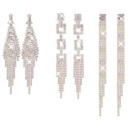 FIBO STEEL 3 Pairs Long Chandelier Tassel Dangle Earrings for Women Party Banquet Jewelry Clear Austrian Rhinestone Crystal Drop Earrings Set