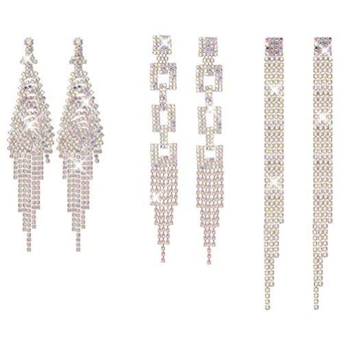 FIBO STEEL 3 Pairs Long Chandelier Tassel Dangle Earrings for Women Party Banquet Jewelry Clear Austrian Rhinestone Crystal Drop Earrings Set