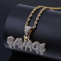 KOSMOLING Iced Out Dripping Letters SAVAGE Pendant Necklace for Men and Women, Micro Pave AAA Cubic Zircon Hip Hop Jewelry, 24'' Gold Color Stainless Steel Rope Chain