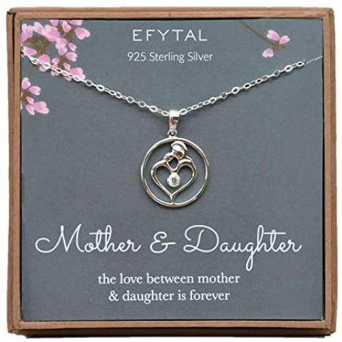 EFYTAL Mom Gifts, 925 Sterling Silver Heart with CZ Necklace for Mother & Daughter, Mom Necklaces for Women, Best Birthday Gift Ideas, Pendant Mothers Jewelry For Her, Mothers Day