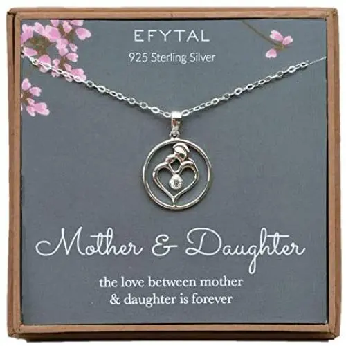 EFYTAL Mom Gifts, 925 Sterling Silver Heart with CZ Necklace for Mother & Daughter, Mom Necklaces for Women, Best Birthday Gift Ideas, Pendant Mothers Jewelry For Her, Mothers Day