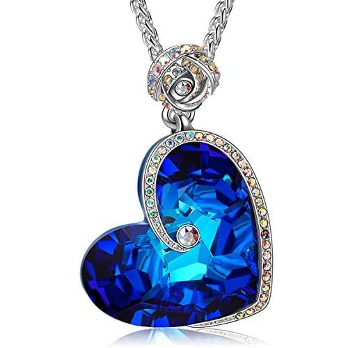 J.NINA ♥Aphrodite Day Women Necklace Gift Blue Crystal Heart and Flower Pendents Necklace for Women with Crystal Fashion Women Jewelry Passed SGS Test