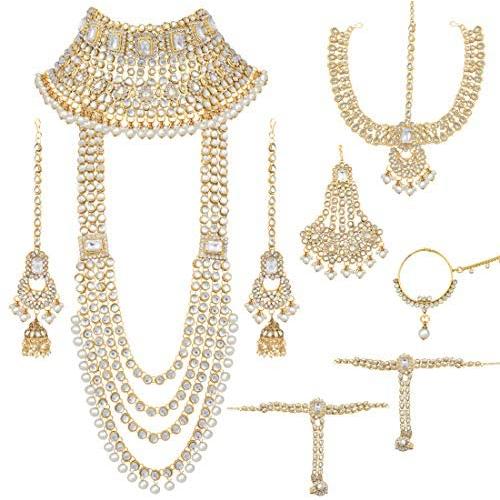 Aheli Ethnic Indian Traditional Bollywood Fashion Kundan Bridal Jewelry Set with Choker Earrings Maang Tikka Hathphool for Women