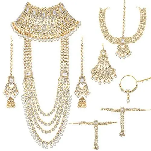 Aheli Ethnic Indian Traditional Bollywood Fashion Kundan Bridal Jewelry Set with Choker Earrings Maang Tikka Hathphool for Women