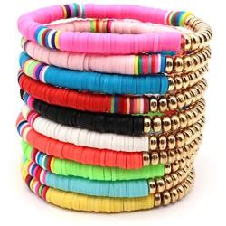 LITMIND 10 Pcs Heishi Bracelets, Boho Bracelet, Rainbow Bead Bracelet, Disc Beaded Friendship Bracelets, Sliced Clay Bracelets Jewelry for Women