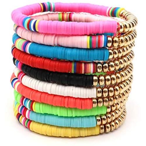 LITMIND 10 Pcs Heishi Bracelets, Boho Bracelet, Rainbow Bead Bracelet, Disc Beaded Friendship Bracelets, Sliced Clay Bracelets Jewelry for Women