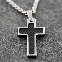MJ Metals Jewelry Personalized Tungsten Carbide Carbon Fiber Inlay Cross Pendant Necklace 18'' to 20'' SS Wheat Chain