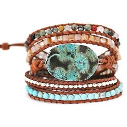 Yingan Handmade Natural Ocean Jasper Stone Genuine Leather 5X Wrap Bracelet
