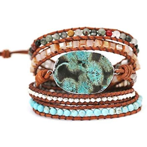 Yingan Handmade Natural Ocean Jasper Stone Genuine Leather 5X Wrap Bracelet