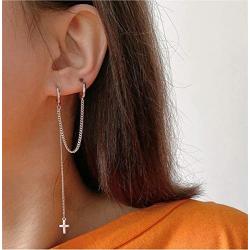 Cross Chain Drop Danlge Small Double Hoop Earrings for Women Girls Sterling Silver Huggie Tassel Slave Chain Dangling 2 Hole Pair Post Multiple Piercing Studs Cartilage Men Personalized Jewelry