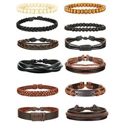 Jstyle 12Pcs Braided Bracelet for Men Beaded Bracelets Wrap Leather Wooden Bracelets Adjustable