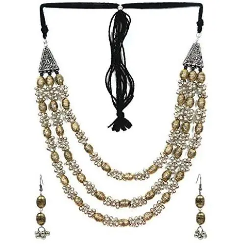 Crunchy Fashion Bollywood Traditional Indian/Bohemian Bollywood Style Afgani Oxidized Silver Boho Gypsy Tribal Jewelry Necklace and Earrings Set for Women/Girls
