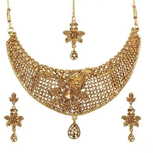 Bindhani Traditional Bridesmaid Ethnic Wedding Bridal Bollywood Gold Plated Kundan Necklace Earrings Tikka Indian Choker Jewelry Set for Women Bindhani Traditional Bridesmaid Ethnic Wedding Bridal Bollywood Gold Plated Kundan Necklace Earrings Tikka Indian Choker Jewelry Set for Women
