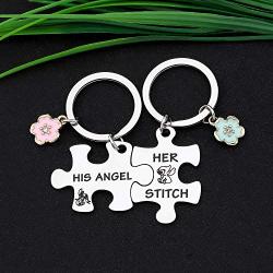 CYTING Her Stitch His Angel Puzzle Piece Keychain Set with Hibiscus Flower Charm Hawaiian Jewelry Gift for Couples Family Best Friends