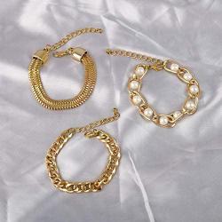 Metal Chain Bracelet Set, 3PC Gold Hip Hop Bracelet, Creative Pearl Inlaid Bracelet, Adjustable Metal Bracelets for Women and Girl