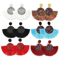 COMMINY 6-9 Pairs Colorful Statement Tassel Earrings Handmade Bohemian Hanging Fringe Dangle Earrings for Women Girls