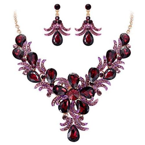 EVER FAITH Womens Crystal Gorgeous Bridal Banquet Teardrop Blooming Flower Leaf Necklace Earrings Set