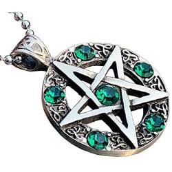 Wicca Jewelry Celtic Pentagram Pentacle Star Green Emerald Crystal Gem Wiccan Pagan Witch Magic Healing Protection Amulet Pewter Mens Womens Pendant Necklace Charm for Men Women Silver Ball Chain