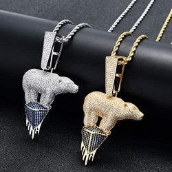Moca Jewelry Iced Out Glacier Polar Bear Pendant 18K Gold Plated Chain Bling CZ Simulated Diamond Hip Hop Necklace for Men Women