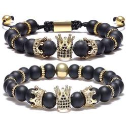 BOMAIL 8mm Imperial Crown Bead Bracelet King&Queen Luxury Charm Couple Jewelry Adjustable Bracelet for Men Women