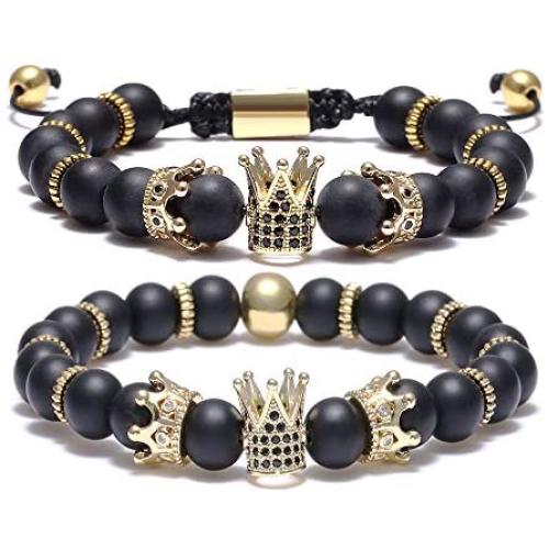 BOMAIL 8mm Imperial Crown Bead Bracelet King&Queen Luxury Charm Couple Jewelry Adjustable Bracelet for Men Women