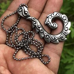 Polynesian Tribal Jewelry Spiral Koru Maori Fern Leaf Hook Fish totem Prosperity Longevity Pewter Mens Pendant Necklace Protection Amulet Wealth Money Lucky Charm Travel Talisman w Silver Ball Chain