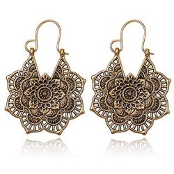 SMALLLOVE Mandala Drop Dangle Earring for Women Girl Gypsy Hammered Antique Silver Bohemian Vintage Lotus Flower Tribal Hollow Floral Pendant Hoop Earrings