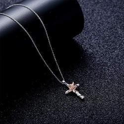 Sllaiss Sterling Silver Rose Cross Pendant Necklace White/Rose Gold Plated Crystals From Austria Religious Faith Jewelry For Women