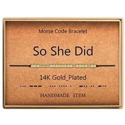 SANNYRA Morse Code Bracelet 14k Gold Plated Beads on Silk Cord Secret Message So SHE Did Bracelet Gift Jewelry for Her