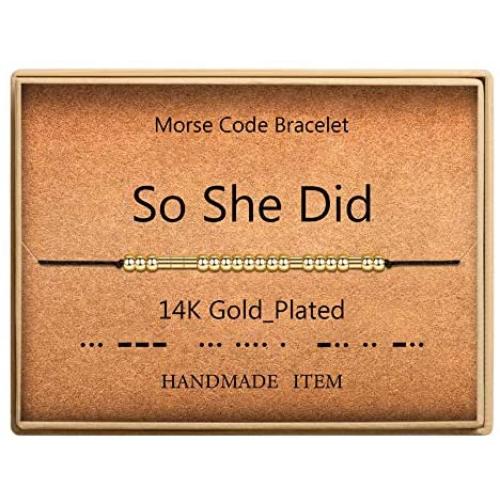 SANNYRA Morse Code Bracelet 14k Gold Plated Beads on Silk Cord Secret Message So SHE Did Bracelet Gift Jewelry for Her