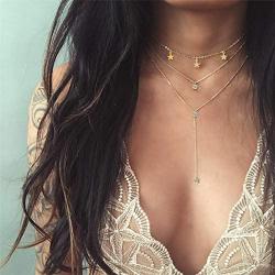 WangGao Stainless Steel Choker Necklaces Handmade Y Shape Tassel Star Crystal Long Pendant Multilayer Necklaces 3 Layer Chain Necklaces Set for Women Girls