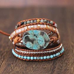 Yingan Handmade Natural Ocean Jasper Stone Genuine Leather 5X Wrap Bracelet