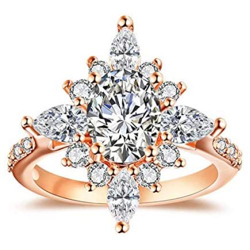 Alexs Wish List Starburst Sunburst Ring | Womens Vintage Style Statement Cocktail Ring | Unique Design Rose Gold Plated Cubic Zirconia | Evita Fashion Jewelry