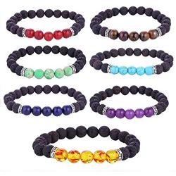 Qiaoqiao 7 Pack 7 Chakras Aromatherapy Essential Oil Diffuser Bracelet Lava Rock Bead Bracelets Semi Precious Gem Stress Relief Yoga Beads Elastic Bracelet Jewelry for Men Women Gift