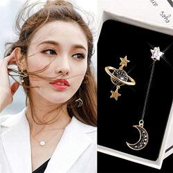 Saturn Moon Asymmetric Long Dangle Earrings Fashion Rhinestone Star Crescent Moon Drop Earrings for Women Girls