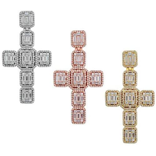 Harlembling Solid 925 Sterling Silver - Mens Iced Baguette Cross Pendant - Flooded Out Fits Up to 6mm Necklace (Rose Gold Finish)