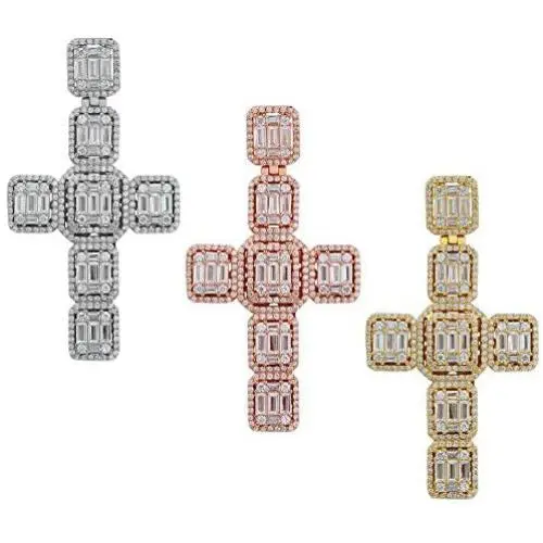 Harlembling Solid 925 Sterling Silver - Mens Iced Baguette Cross Pendant - Flooded Out Fits Up to 6mm Necklace (Rose Gold Finish) Harlembling Solid 925 Sterling Silver - Mens Iced Baguette Cross Pendant - Flooded Out Fits Up to 6mm Necklace (Rose Gold Finish)